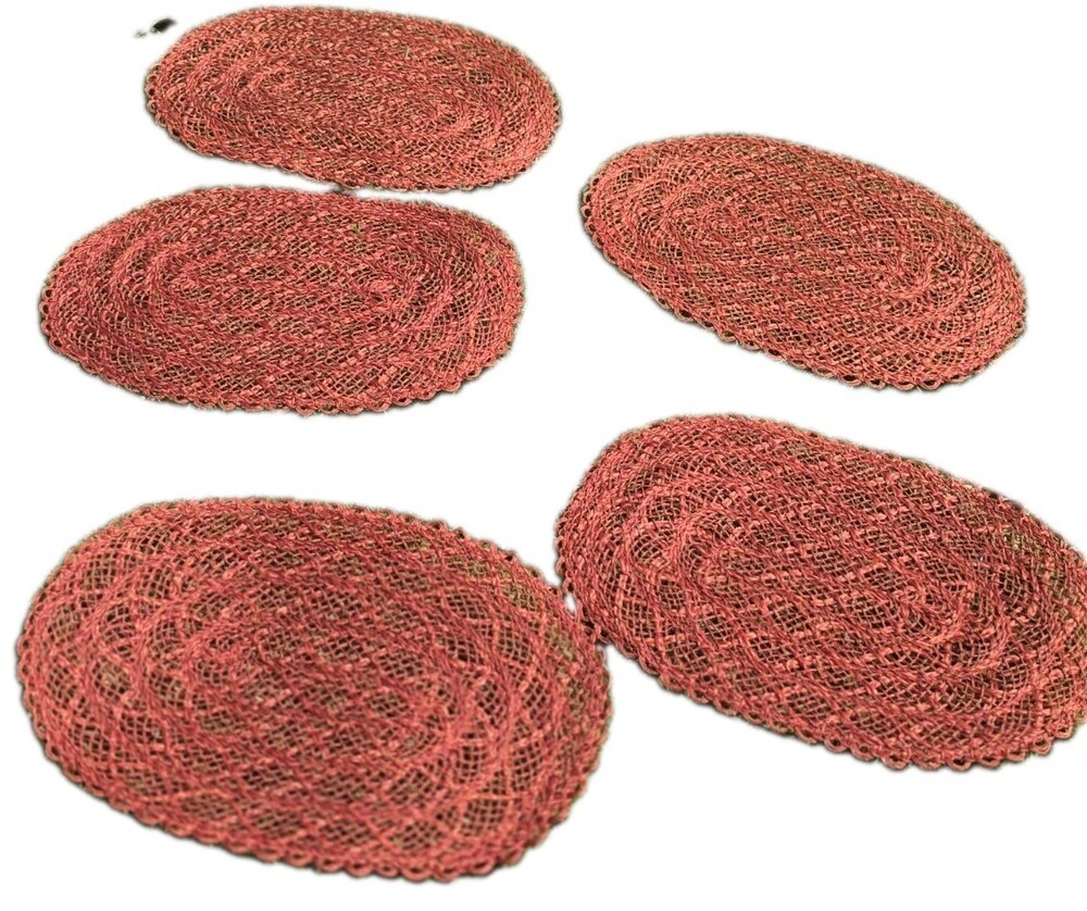 Vintage Woven Abaca Straw Placemats Set of 5 - Burnt Orange Rust Oval Boho